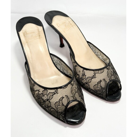Christian Louboutin Dolly Black Lace Patent Peep Toe Mules Heels Y2K Sz 38 8 - Picture 1 of 12